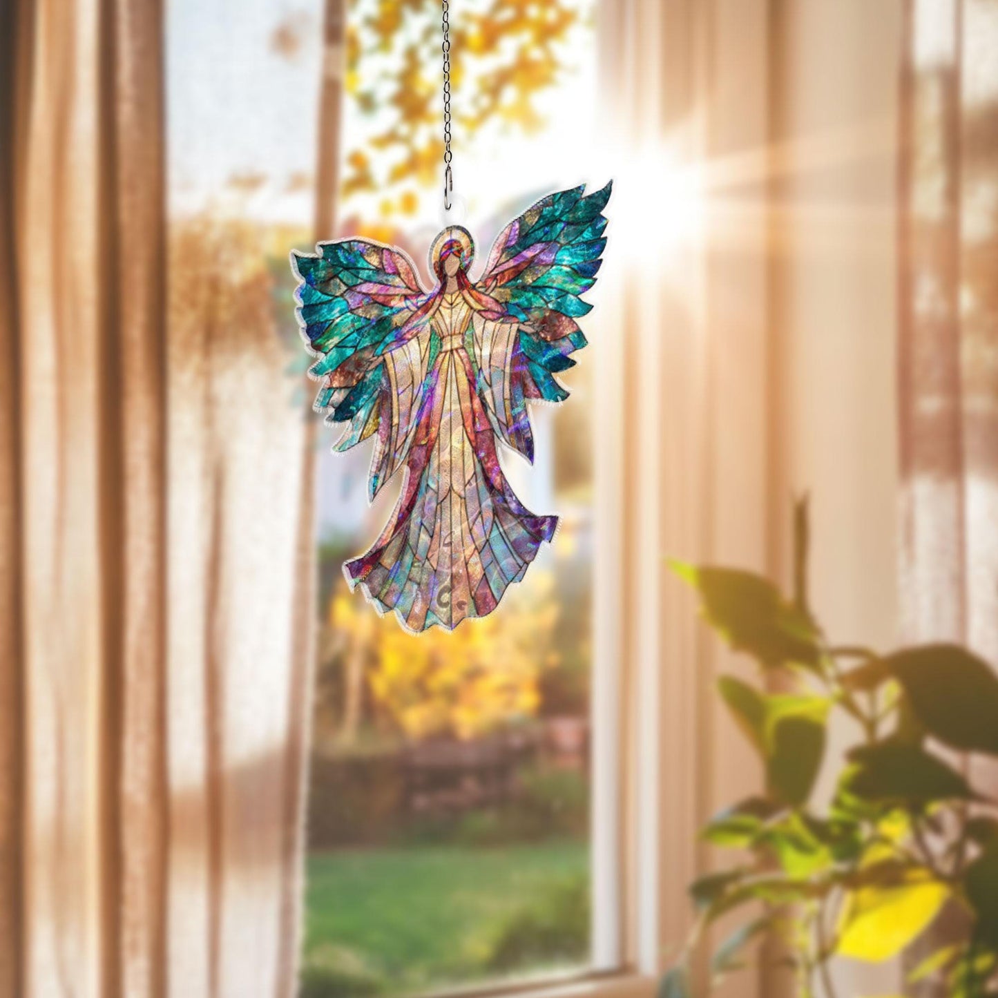 Angel Acrylic Suncatcher, Stained Glass Style Window Hanging Ornament, Spiritual Guardian Angel Decor Gift For Christmas And Home Blessing