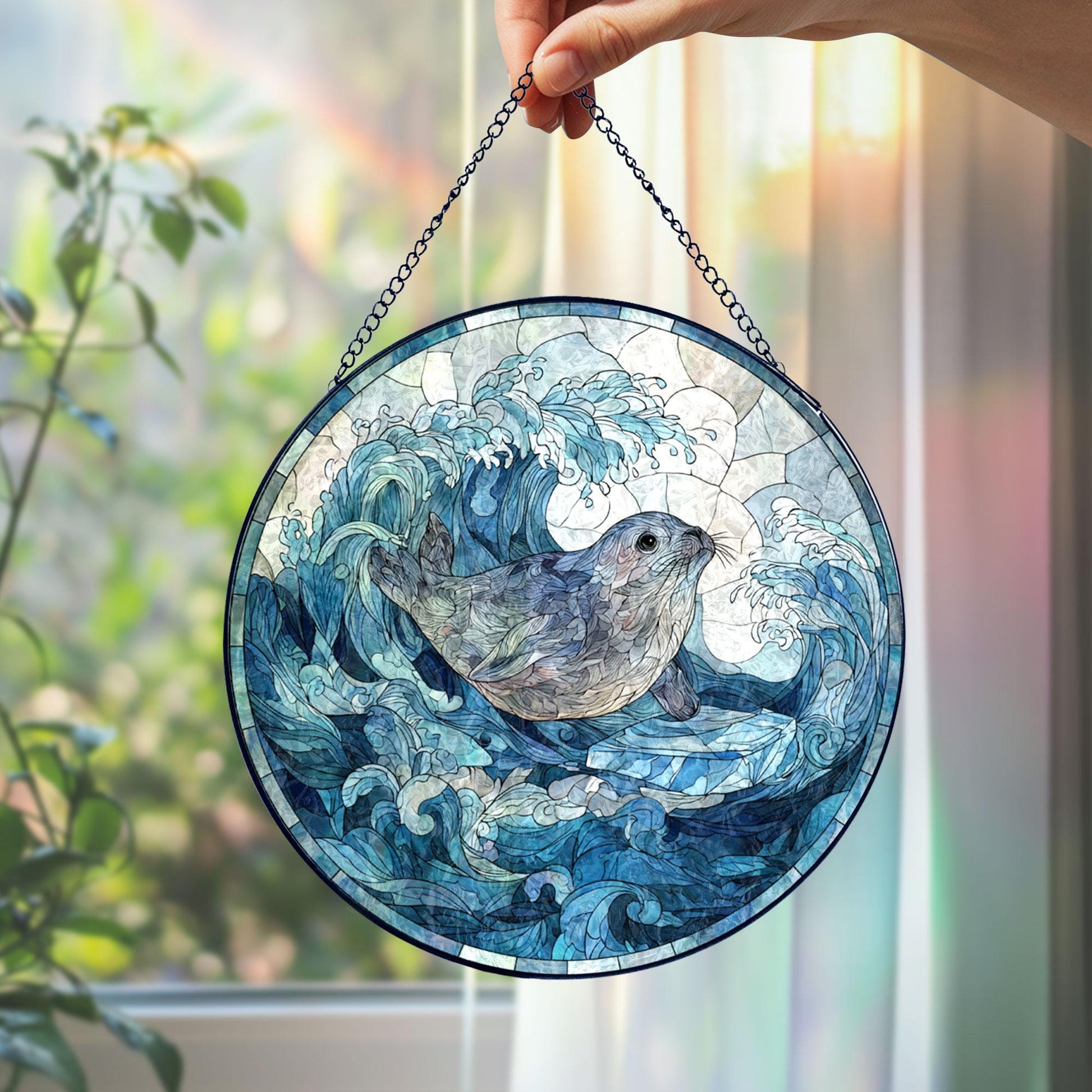Seal Stained Glass Suncatcher, Ocean Waves Round Window Hanging, Coastal Nautical Decor, Marine Life Gift for Beach Home