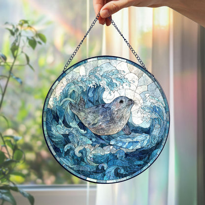 Seal Stained Glass Suncatcher, Ocean Waves Round Window Hanging, Coastal Nautical Decor, Marine Life Gift for Beach Home