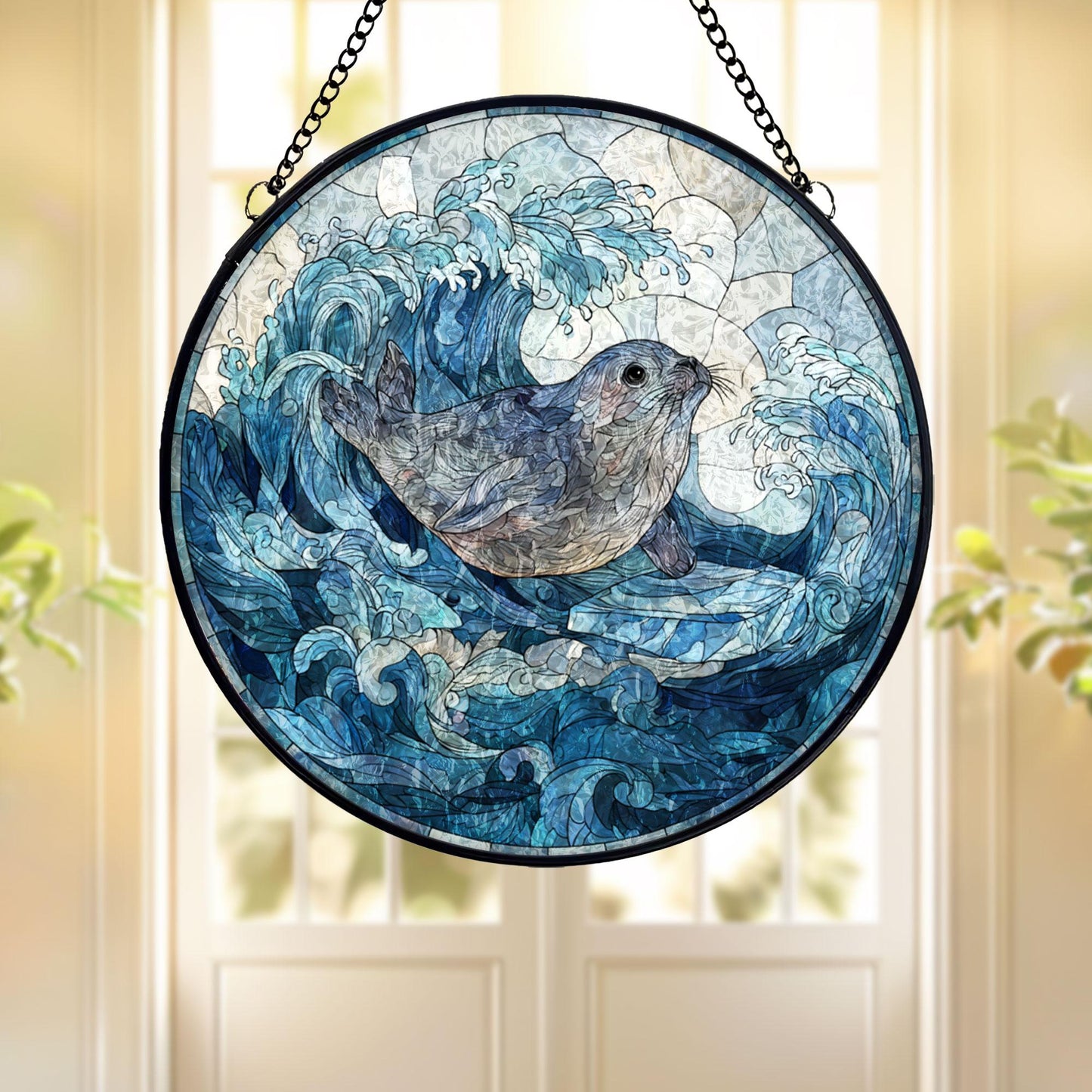Seal Stained Glass Suncatcher, Ocean Waves Round Window Hanging, Coastal Nautical Decor, Marine Life Gift for Beach Home