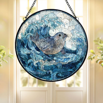 Seal Stained Glass Suncatcher, Ocean Waves Round Window Hanging, Coastal Nautical Decor, Marine Life Gift for Beach Home