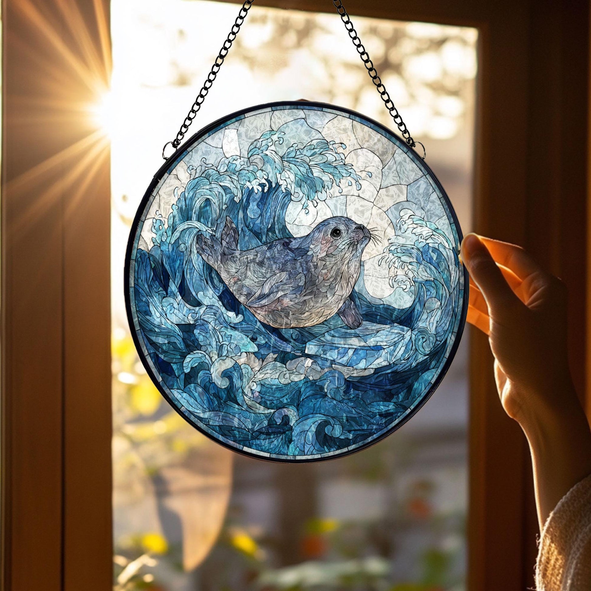 Seal Stained Glass Suncatcher, Ocean Waves Round Window Hanging, Coastal Nautical Decor, Marine Life Gift for Beach Home