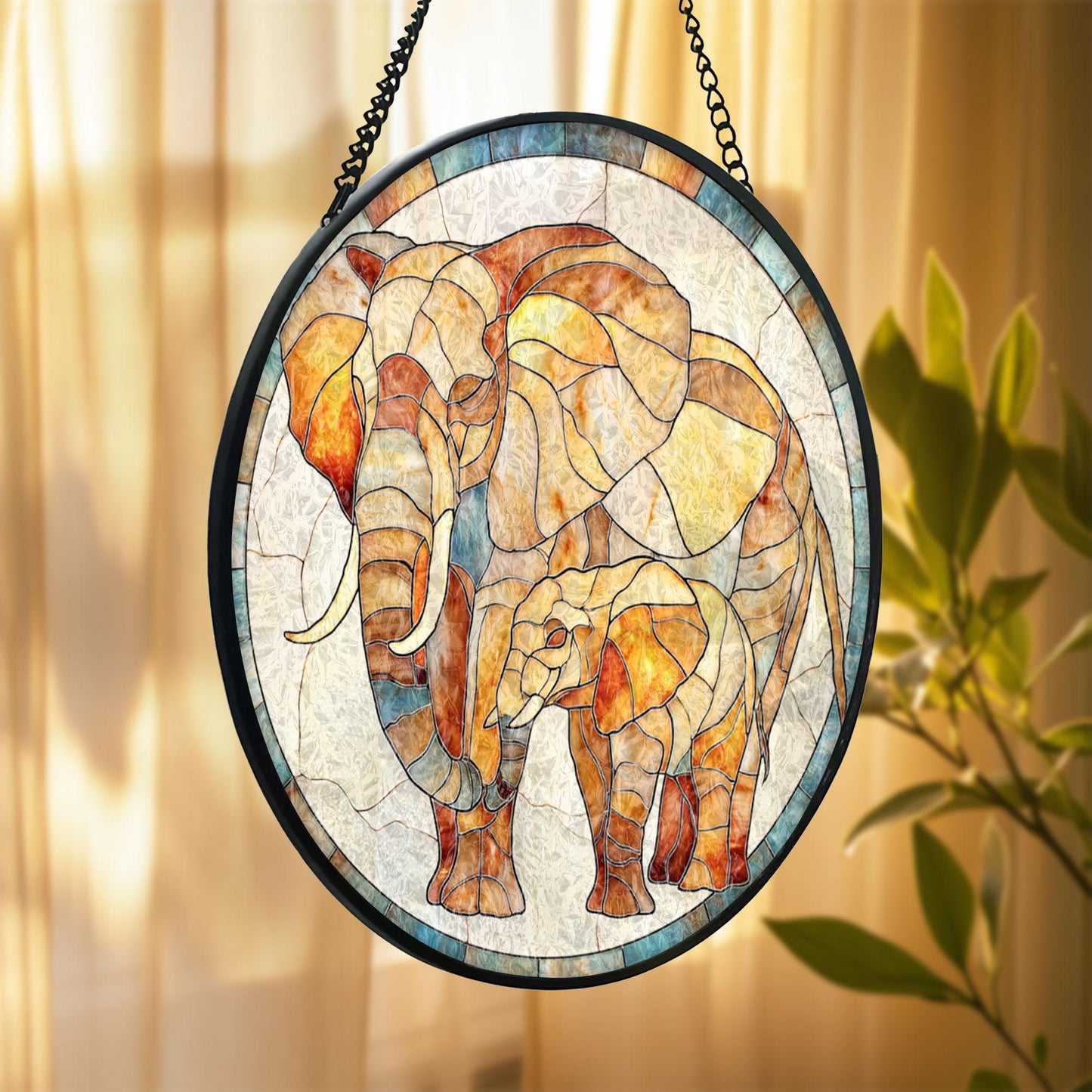 Elephant Family Stained Glass Suncatcher, Wildlife Animal Window Hanging Decor, Jungle Safari Glass Art Gift for Nature Lovers and Home