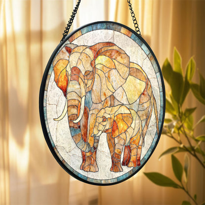 Elephant Family Stained Glass Suncatcher, Wildlife Animal Window Hanging Decor, Jungle Safari Glass Art Gift for Nature Lovers and Home