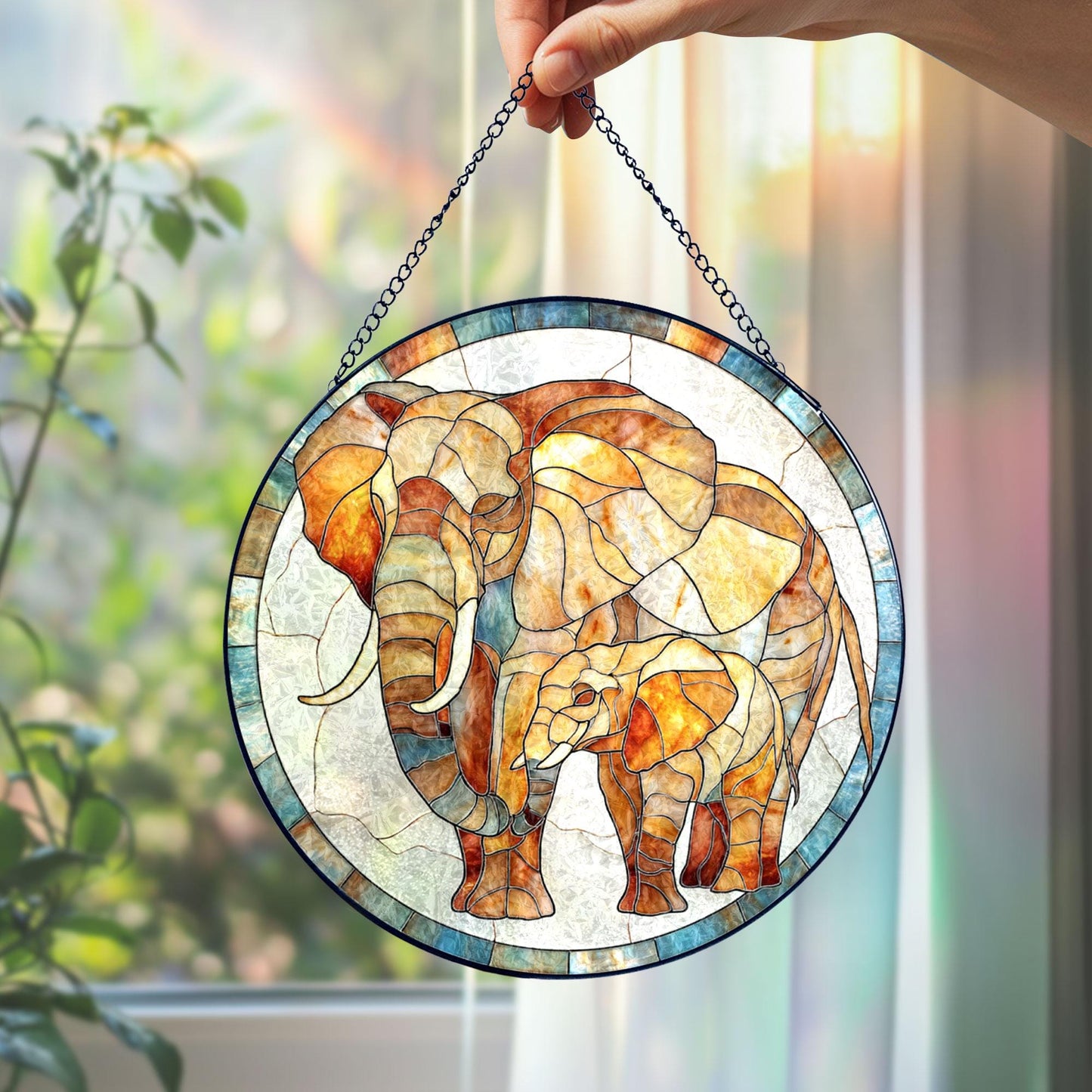 Elephant Family Stained Glass Suncatcher, Wildlife Animal Window Hanging Decor, Jungle Safari Glass Art Gift for Nature Lovers and Home