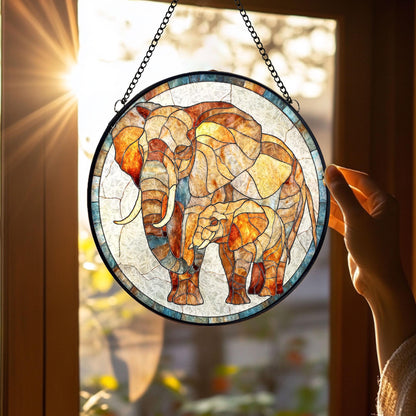 Elephant Family Stained Glass Suncatcher, Wildlife Animal Window Hanging Decor, Jungle Safari Glass Art Gift for Nature Lovers and Home