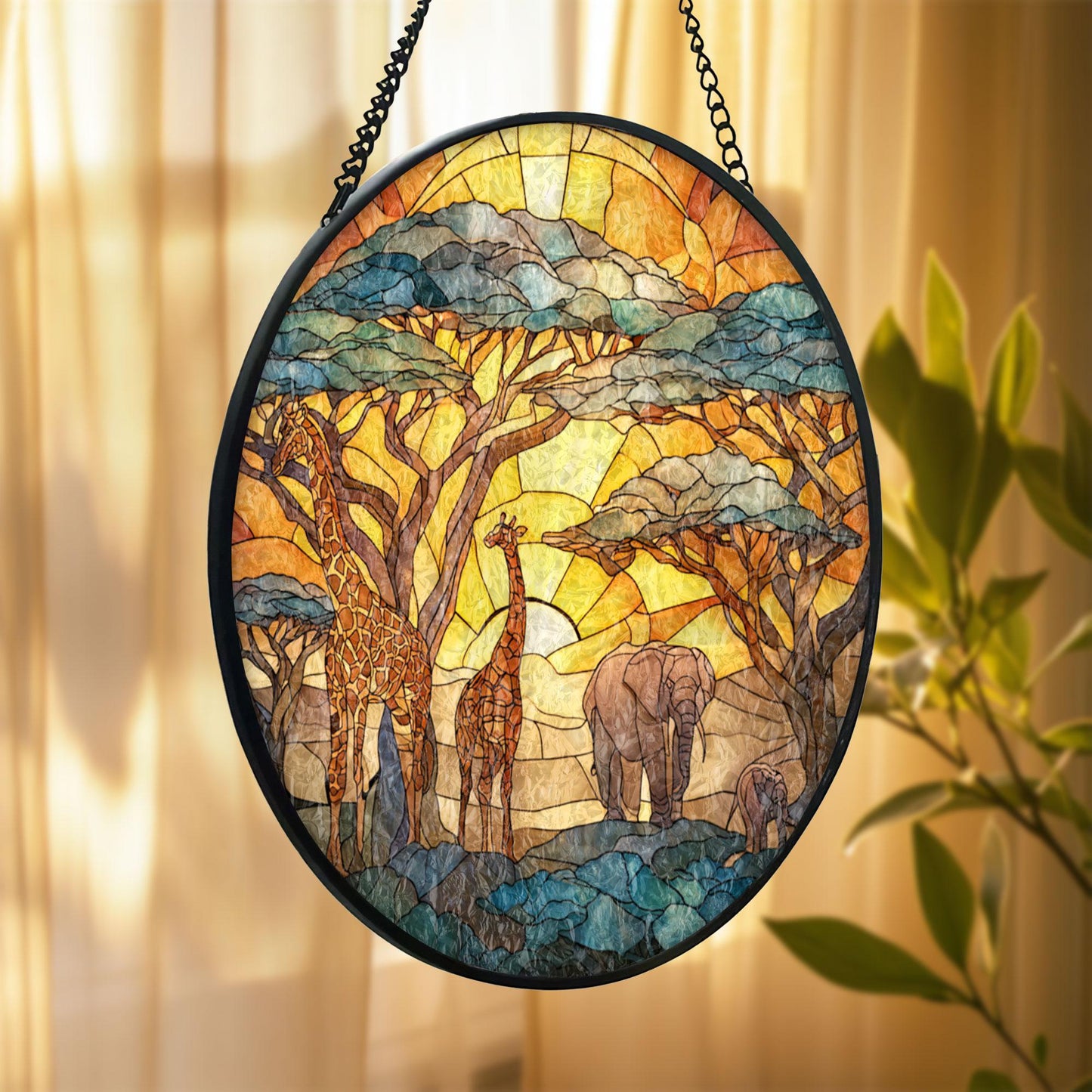 Safari Sunset Stained Glass Suncatcher, Giraffe and Elephant Window Hanging Decor, African Wildlife Glass Art Gift for Nature and Animal