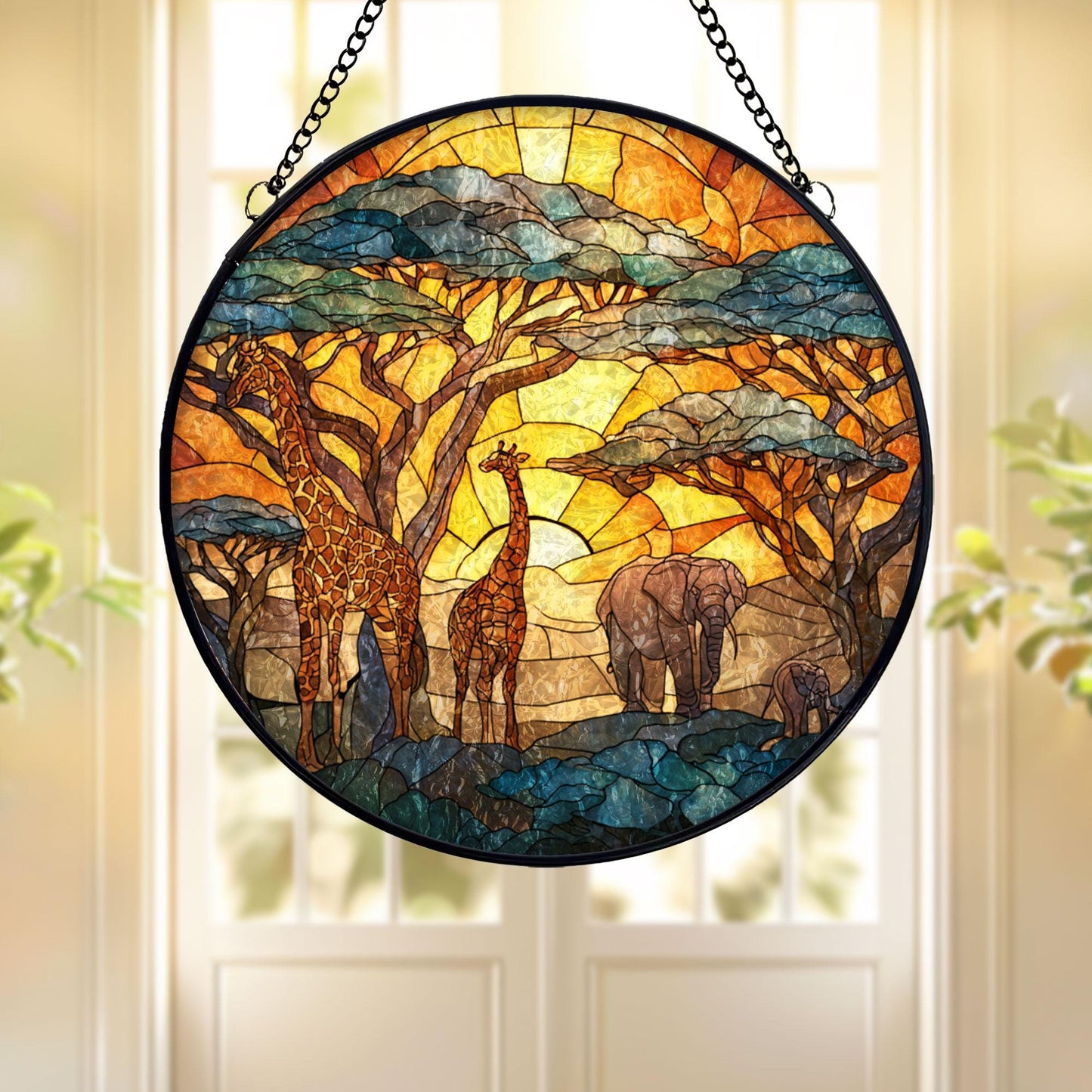 Safari Sunset Stained Glass Suncatcher, Giraffe and Elephant Window Hanging Decor, African Wildlife Glass Art Gift for Nature and Animal