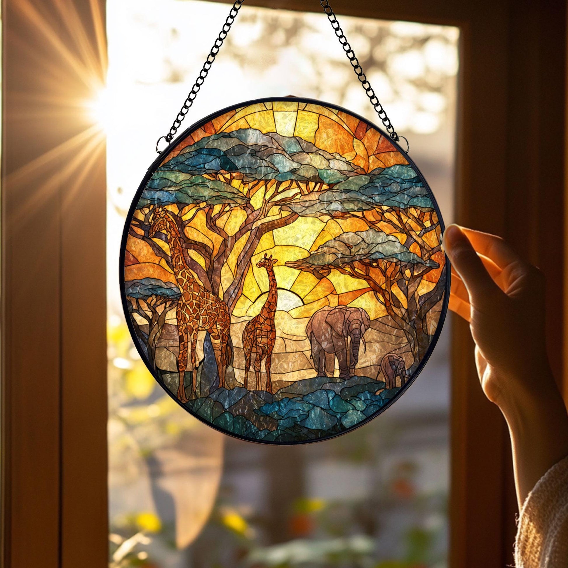 Safari Sunset Stained Glass Suncatcher, Giraffe and Elephant Window Hanging Decor, African Wildlife Glass Art Gift for Nature and Animal