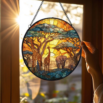 Safari Sunset Stained Glass Suncatcher, Giraffe and Elephant Window Hanging Decor, African Wildlife Glass Art Gift for Nature and Animal