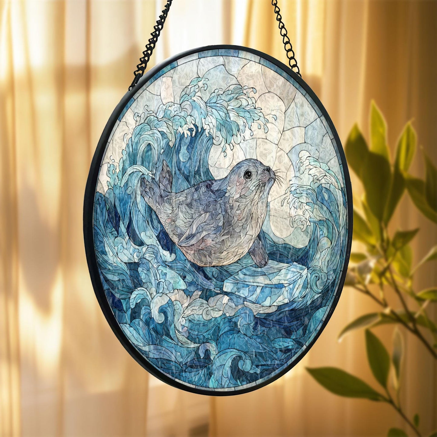 Seal Stained Glass Suncatcher, Ocean Waves Round Window Hanging, Coastal Nautical Decor, Marine Life Gift for Beach Home