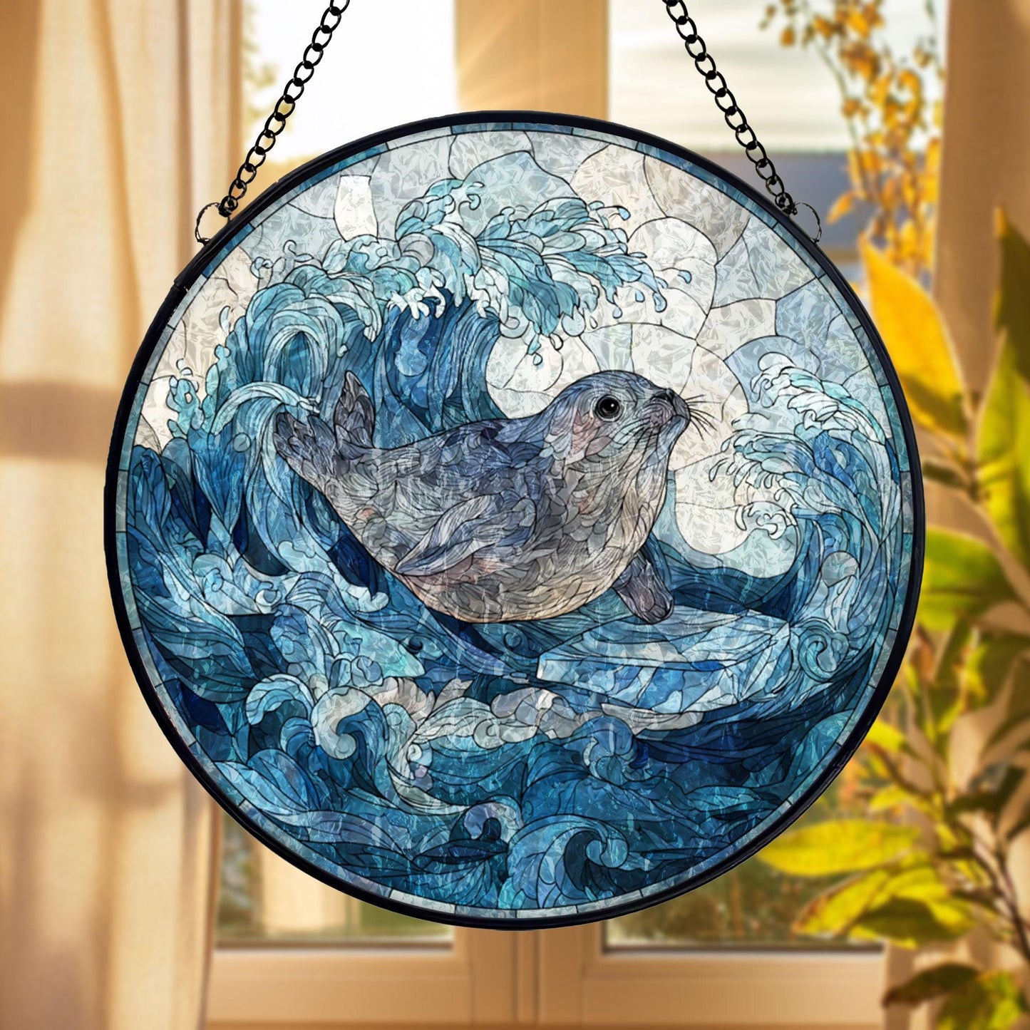 Seal Stained Glass Suncatcher, Ocean Waves Round Window Hanging, Coastal Nautical Decor, Marine Life Gift for Beach Home