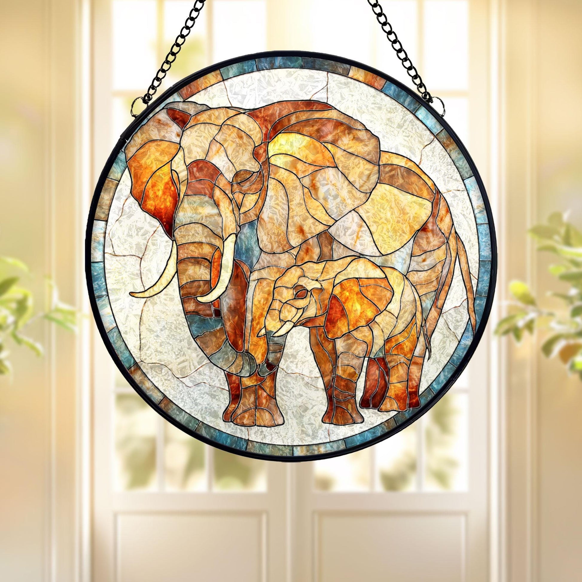 Elephant Family Stained Glass Suncatcher, Wildlife Animal Window Hanging Decor, Jungle Safari Glass Art Gift for Nature Lovers and Home