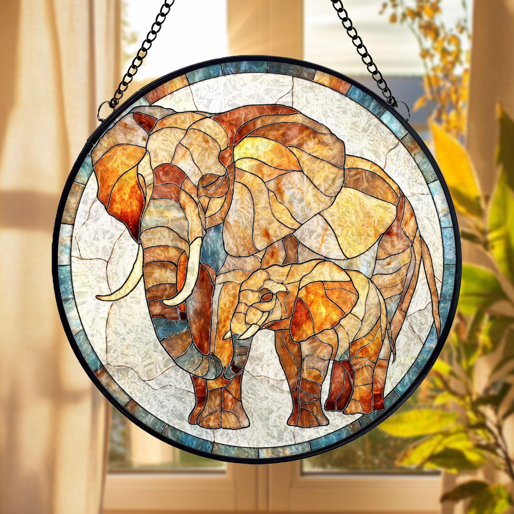 Elephant Family Stained Glass Suncatcher, Wildlife Animal Window Hanging Decor, Jungle Safari Glass Art Gift for Nature Lovers and Home