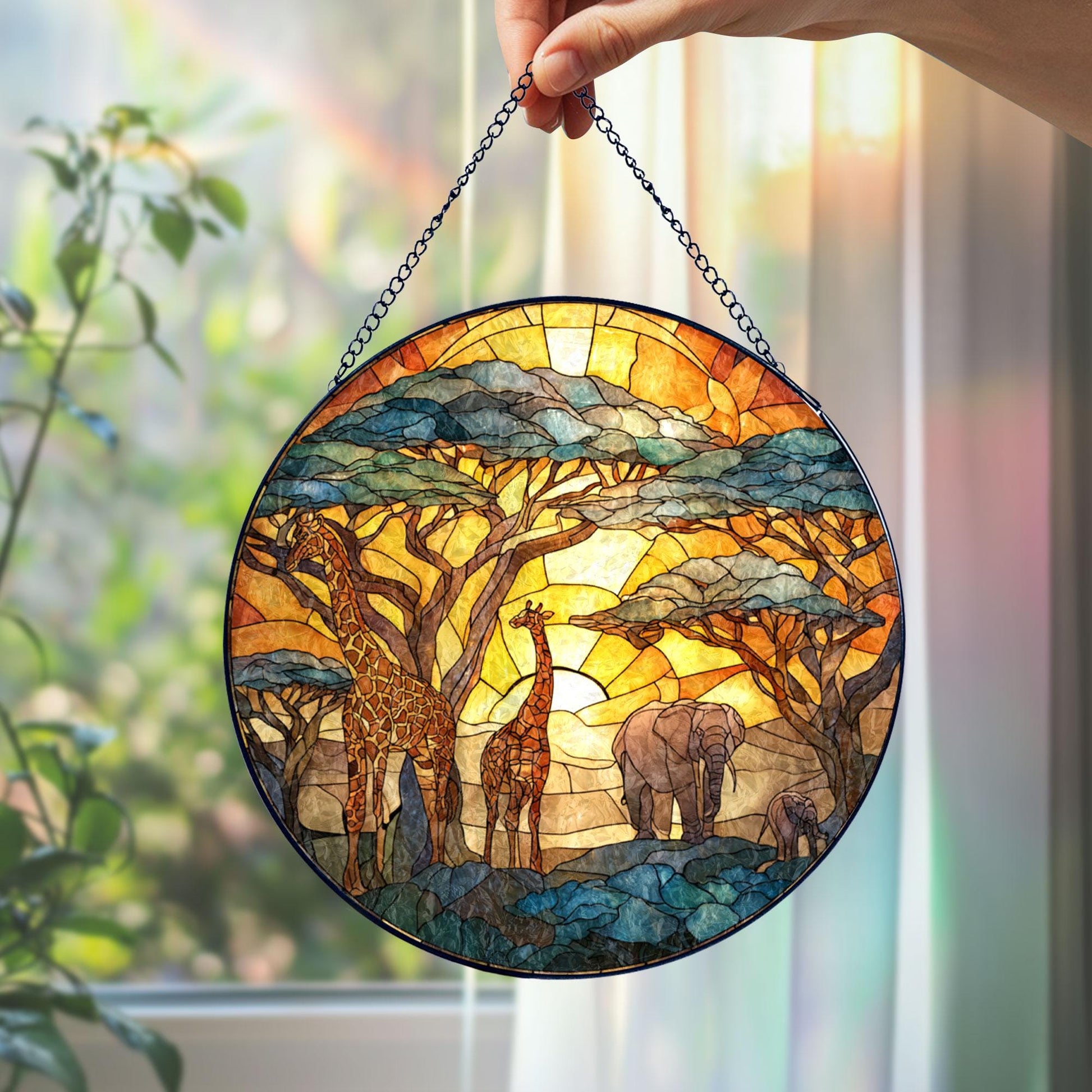 Safari Sunset Stained Glass Suncatcher, Giraffe and Elephant Window Hanging Decor, African Wildlife Glass Art Gift for Nature and Animal