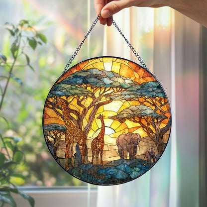 Safari Sunset Stained Glass Suncatcher, Giraffe and Elephant Window Hanging Decor, African Wildlife Glass Art Gift for Nature and Animal