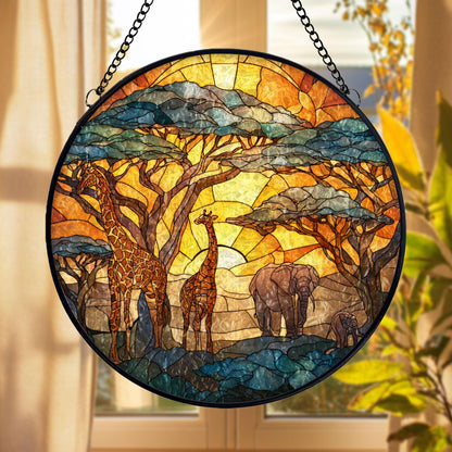 Safari Sunset Stained Glass Suncatcher, Giraffe and Elephant Window Hanging Decor, African Wildlife Glass Art Gift for Nature and Animal