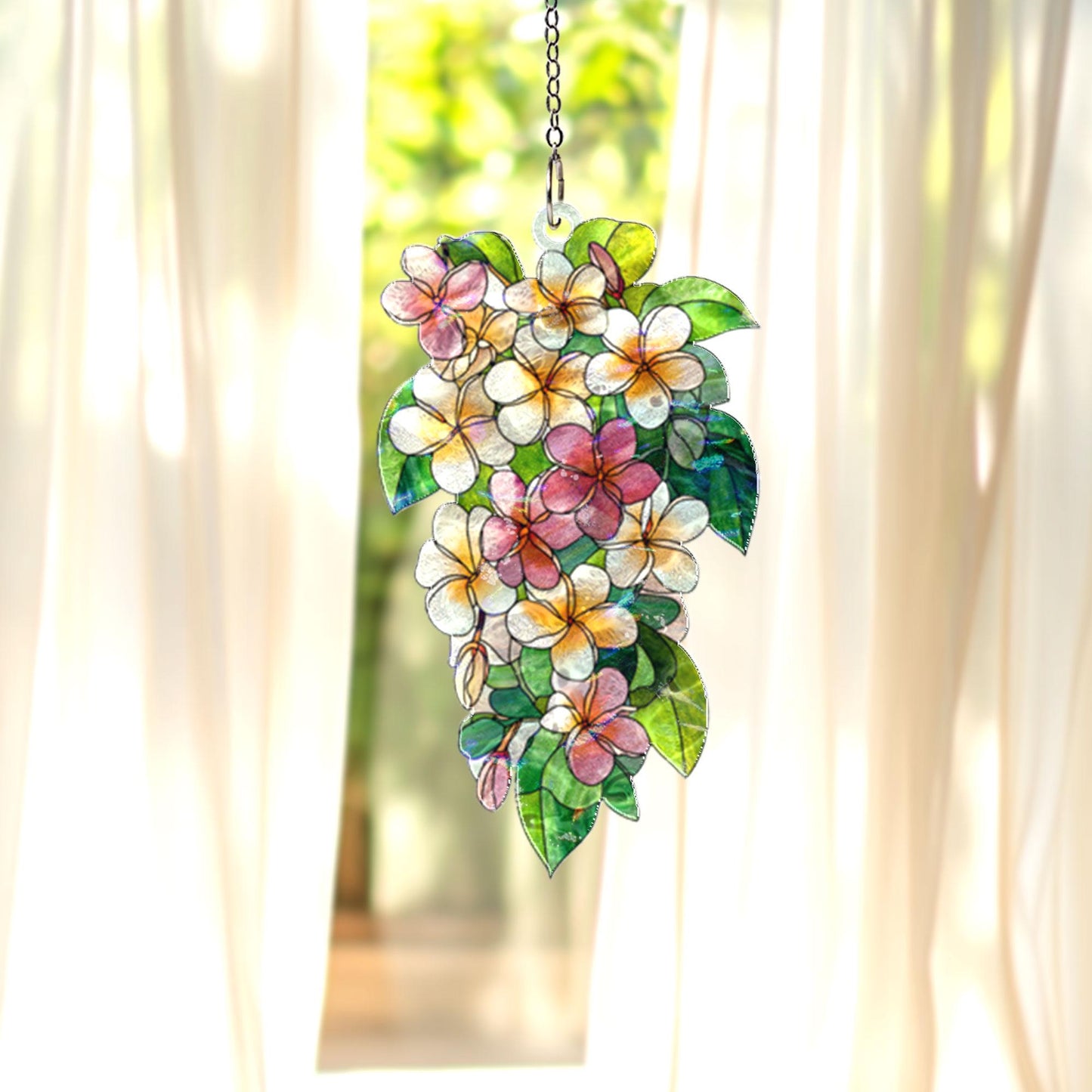 Plumeria Flower Acrylic Suncatcher, Tropical Stained Glass Window Hanging, Floral Sun Catcher Decor for Home or Garden, Gift for Mom