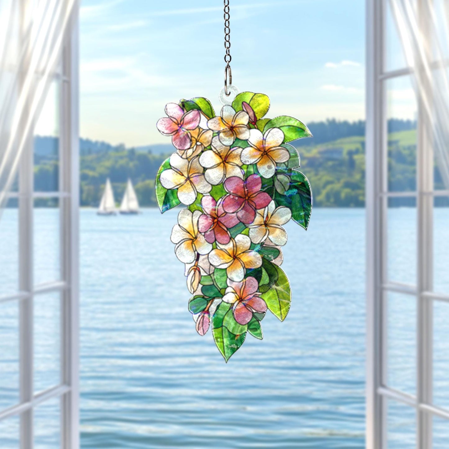 Plumeria Flower Acrylic Suncatcher, Tropical Stained Glass Window Hanging, Floral Sun Catcher Decor for Home or Garden, Gift for Mom