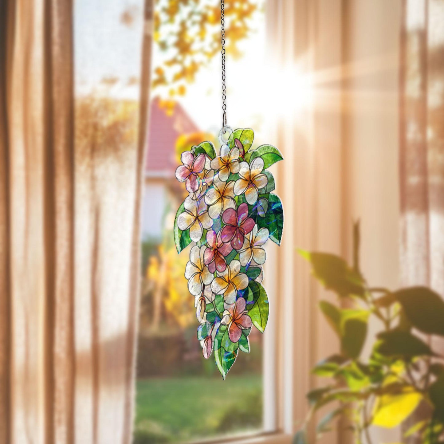 Plumeria Flower Acrylic Suncatcher, Tropical Stained Glass Window Hanging, Floral Sun Catcher Decor for Home or Garden, Gift for Mom