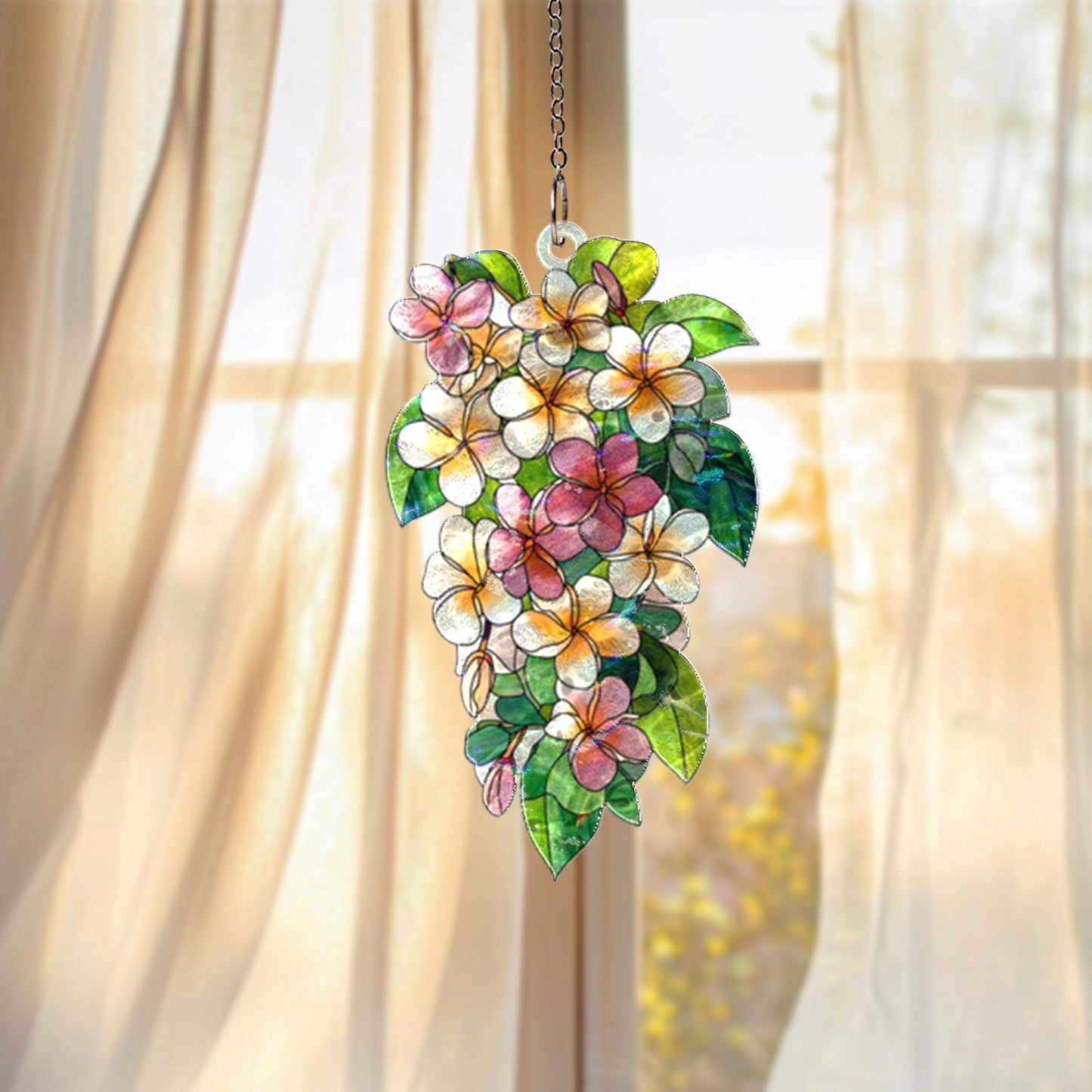 Plumeria Flower Acrylic Suncatcher, Tropical Stained Glass Window Hanging, Floral Sun Catcher Decor for Home or Garden, Gift for Mom