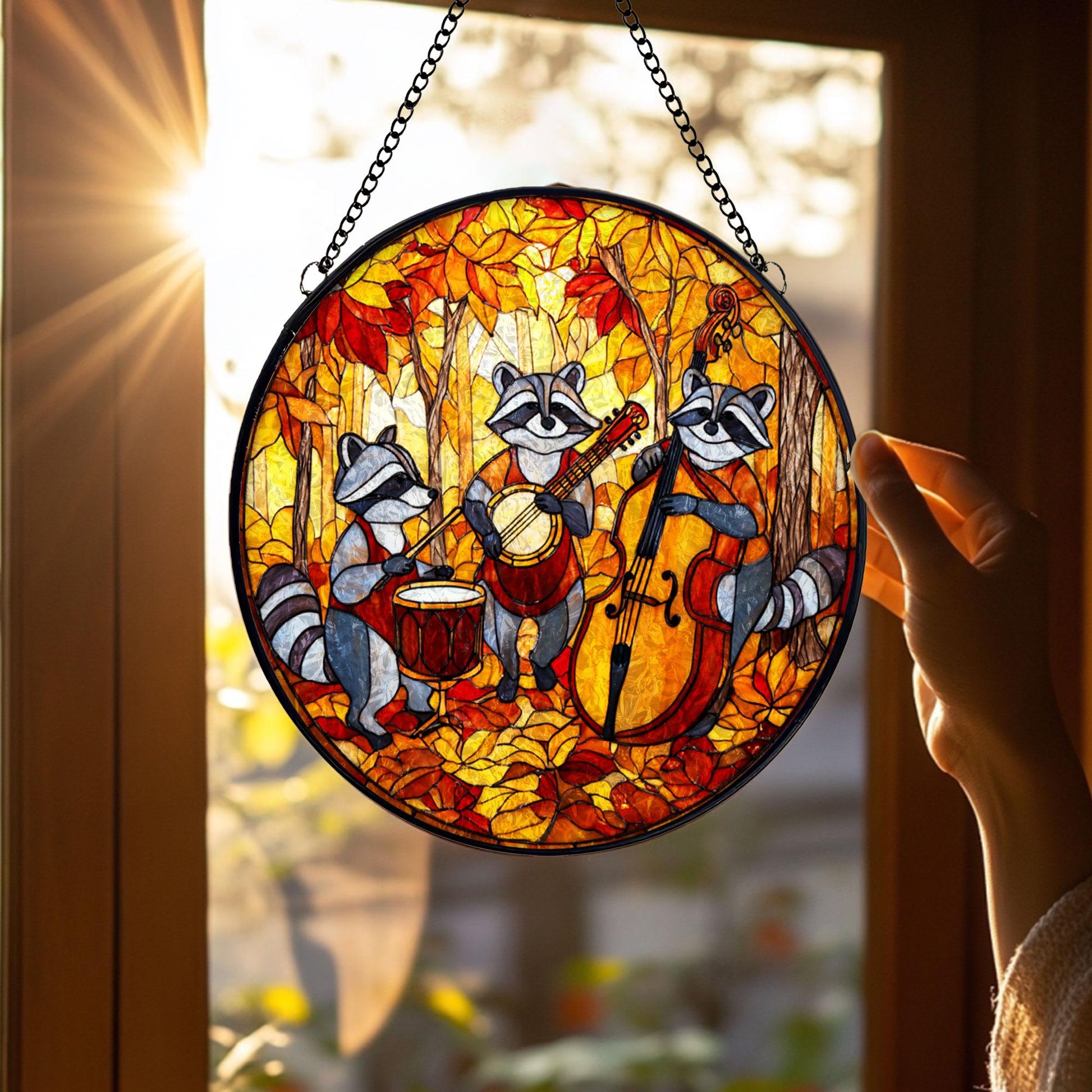 Raccoon Band Stained Glass Suncatcher, Autumn Forest Music Scene, Cute Animal Window Hanging, Fall Home Decor, Unique Gift