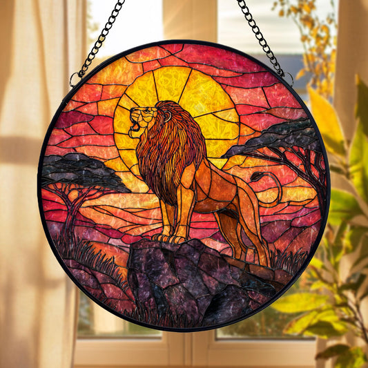 Lion Sunset Stained Glass Suncatcher, African Safari Window Hanging, Wildlife Art Decor, Bold Nature Design, Unique Gift for Animal Lovers