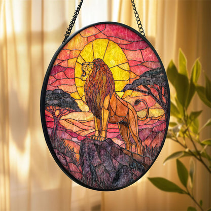 Lion Sunset Stained Glass Suncatcher, African Safari Window Hanging, Wildlife Art Decor, Bold Nature Design, Unique Gift for Animal Lovers