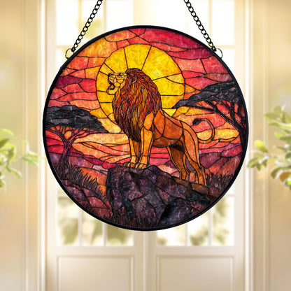 Lion Sunset Stained Glass Suncatcher, African Safari Window Hanging, Wildlife Art Decor, Bold Nature Design, Unique Gift for Animal Lovers