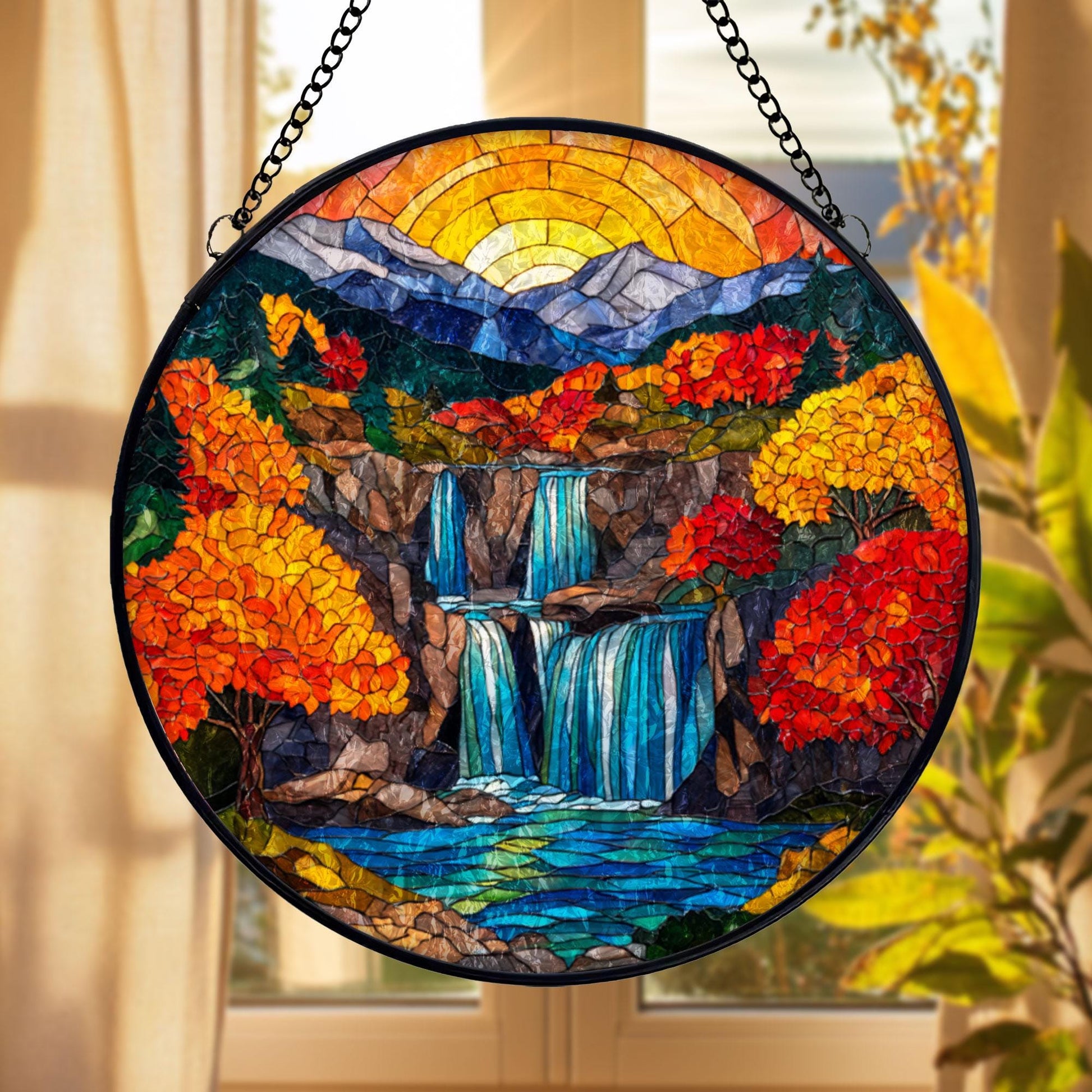 Autumn Waterfall Stained Glass Suncatcher, Mountain Landscape Window Hanging, Fall Nature Art Decor, Colorful Sun Catcher, Unique Gift