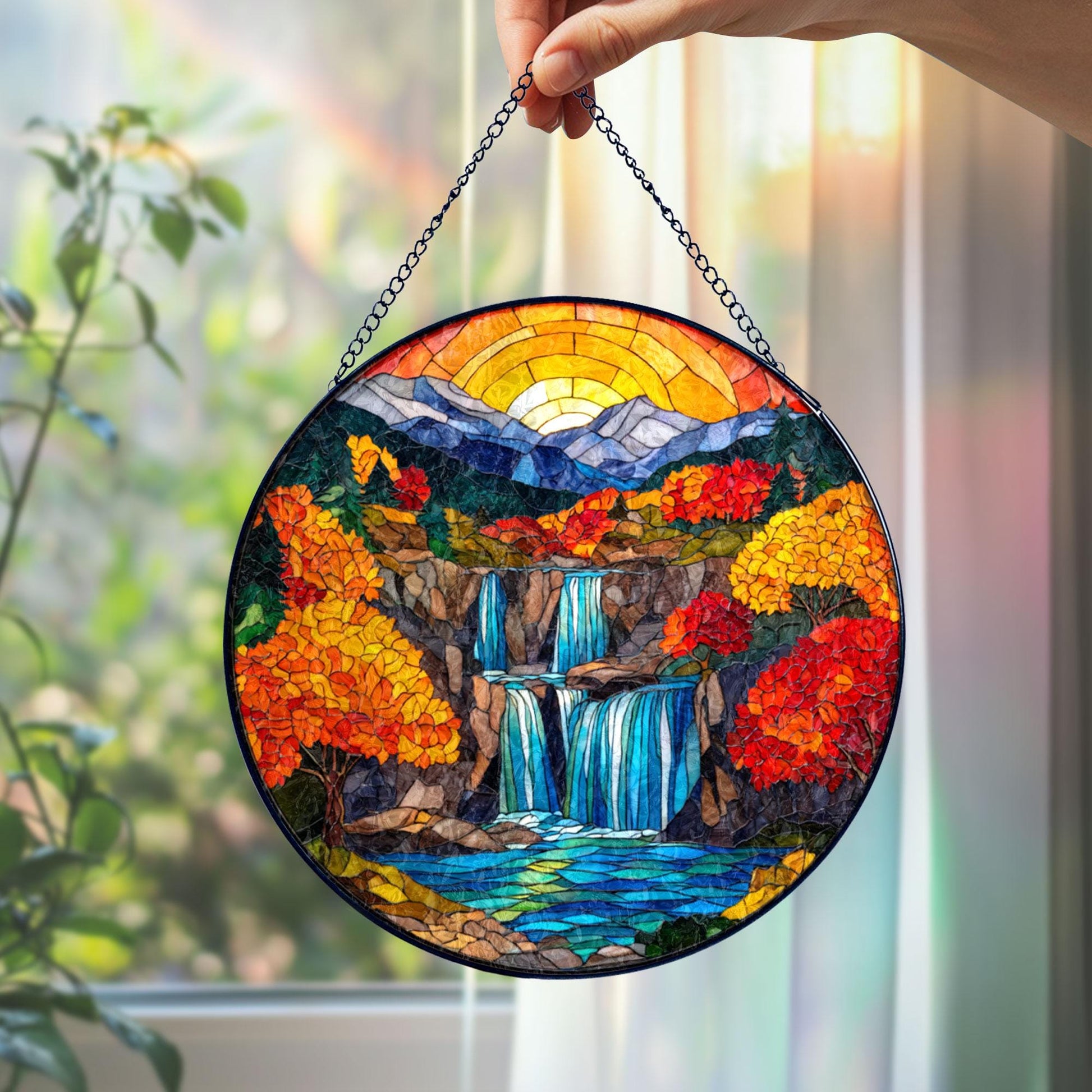 Autumn Waterfall Stained Glass Suncatcher, Mountain Landscape Window Hanging, Fall Nature Art Decor, Colorful Sun Catcher, Unique Gift
