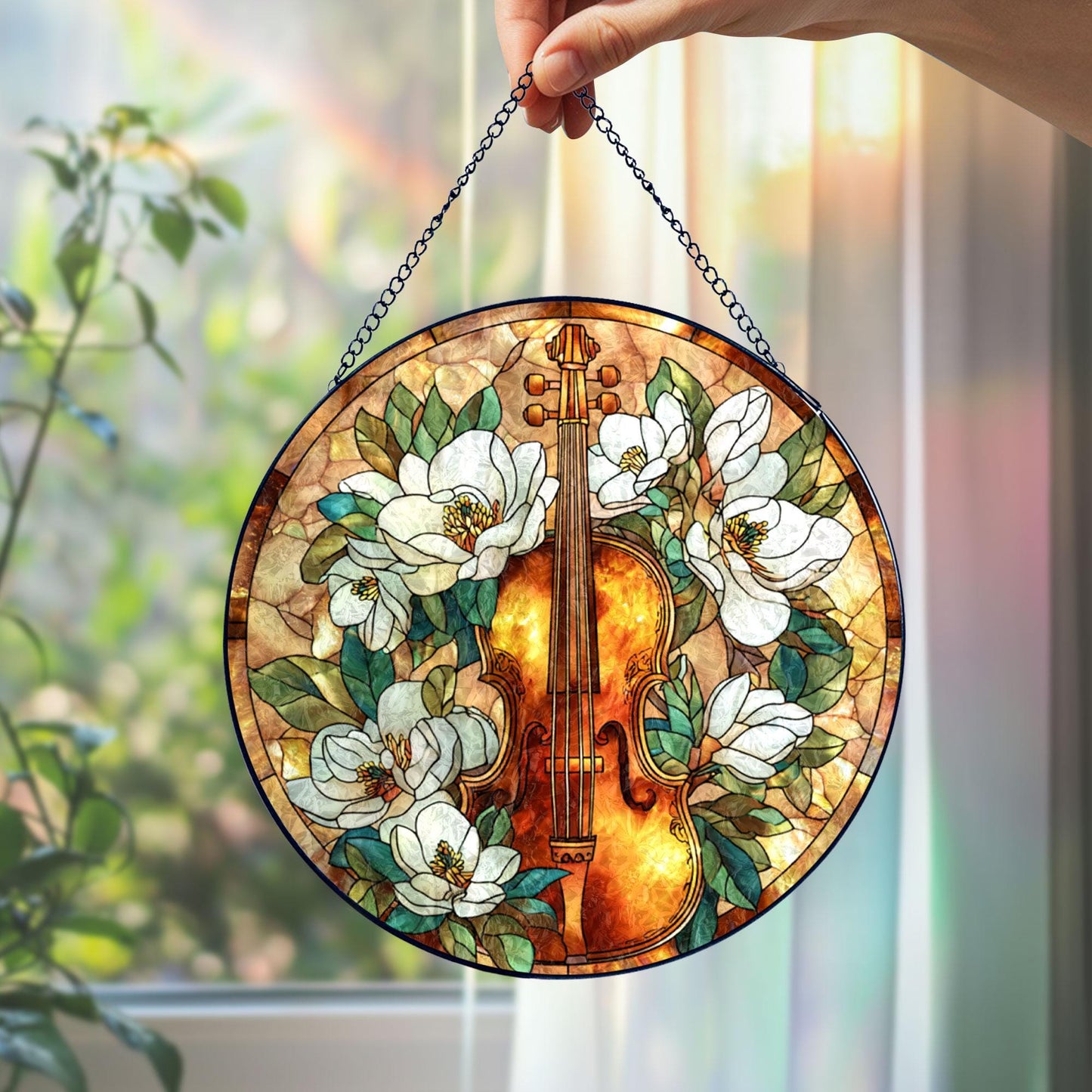 Violin Floral Stained Glass Suncatcher, White Magnolia Music Art, Elegant Window Hanging, Classical Instrument Decor, Gift for Music Lovers