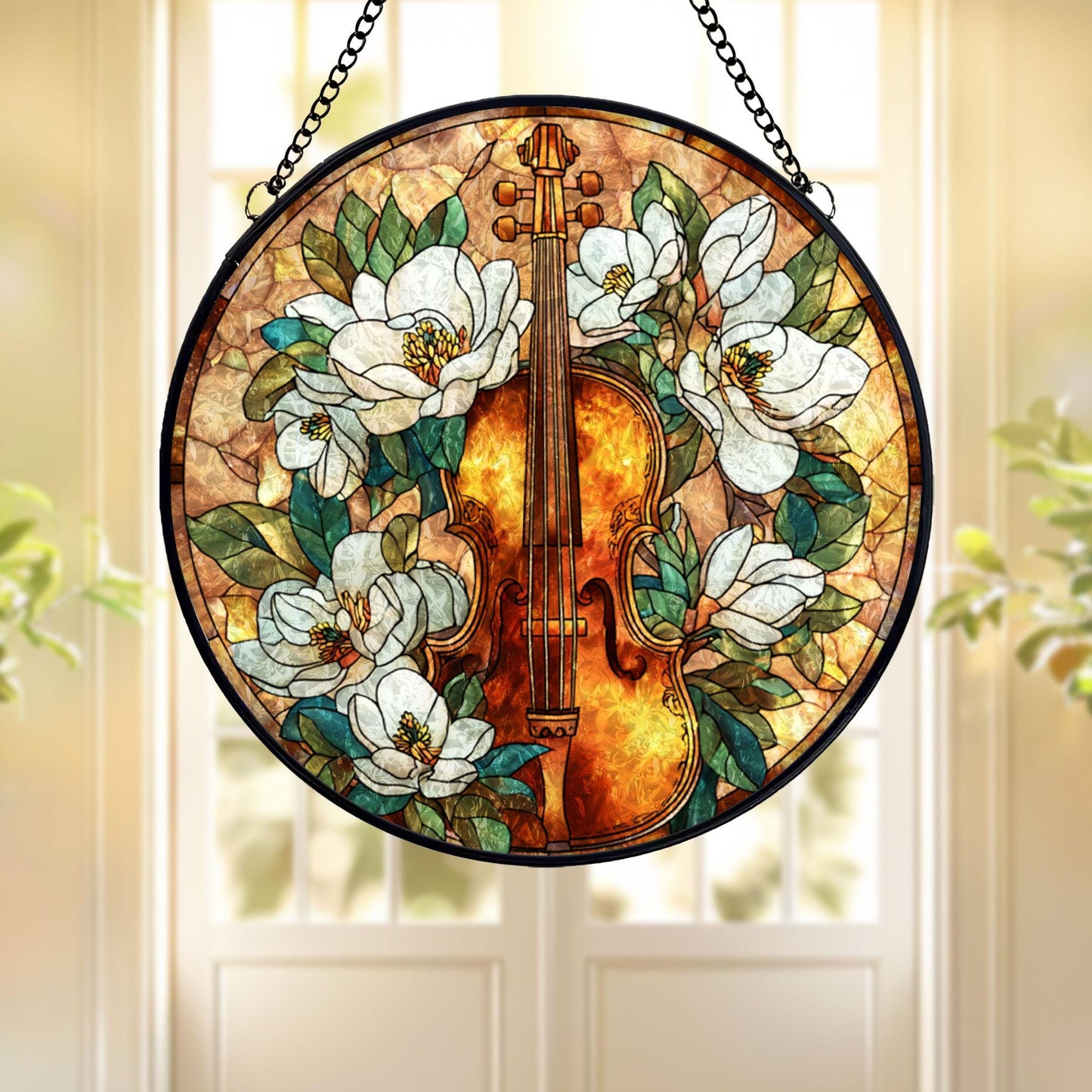 Violin Floral Stained Glass Suncatcher, White Magnolia Music Art, Elegant Window Hanging, Classical Instrument Decor, Gift for Music Lovers