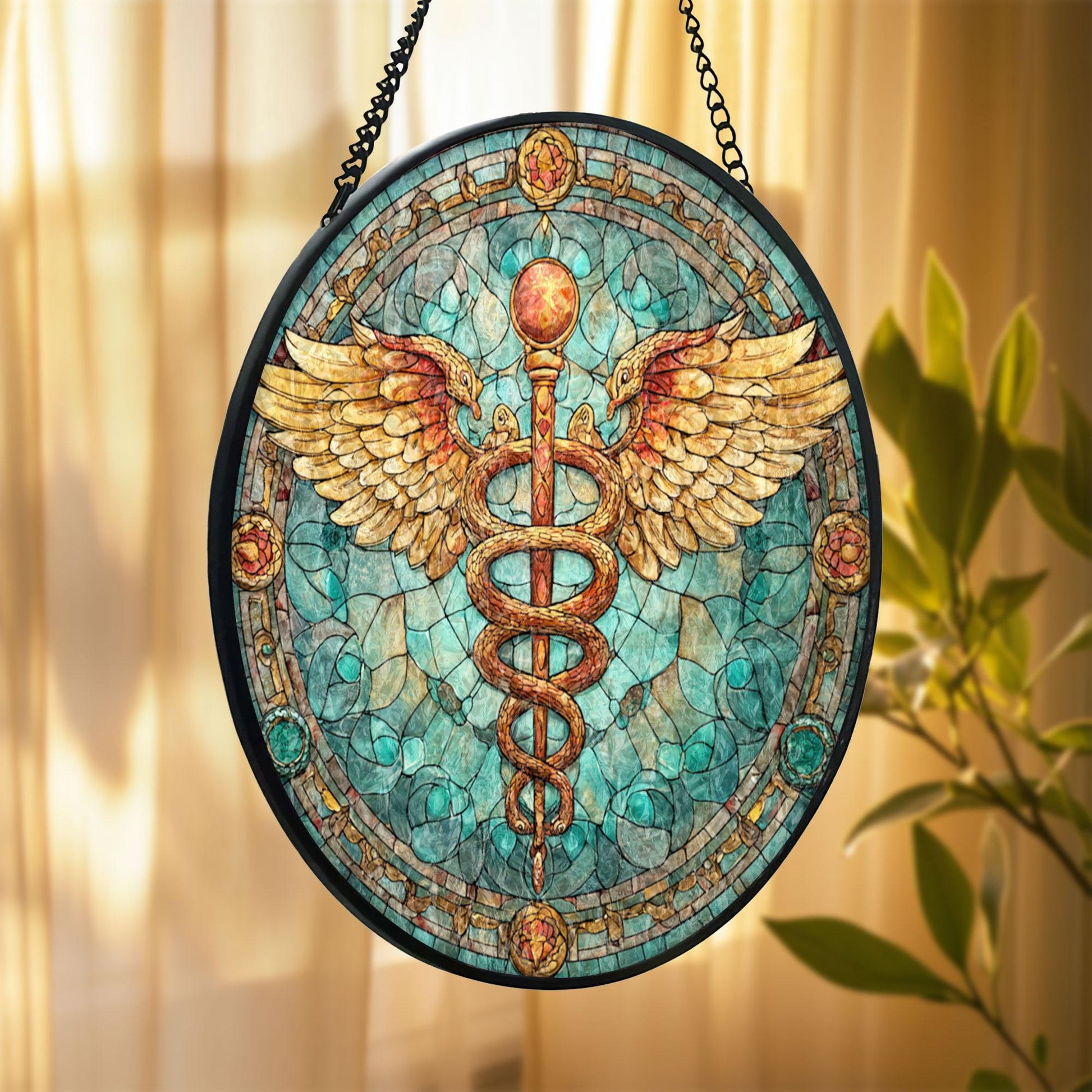 Caduceus Medical Stained Glass Suncatcher, Healing Symbol Window Hanging, Doctor Nurse Gift, Healthcare Art Decor, Pharmacy Symbol