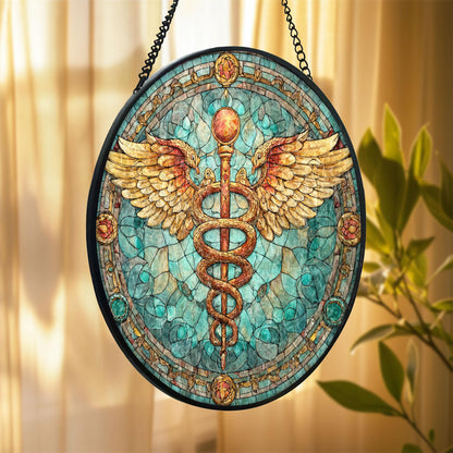 Caduceus Medical Stained Glass Suncatcher, Healing Symbol Window Hanging, Doctor Nurse Gift, Healthcare Art Decor, Pharmacy Symbol
