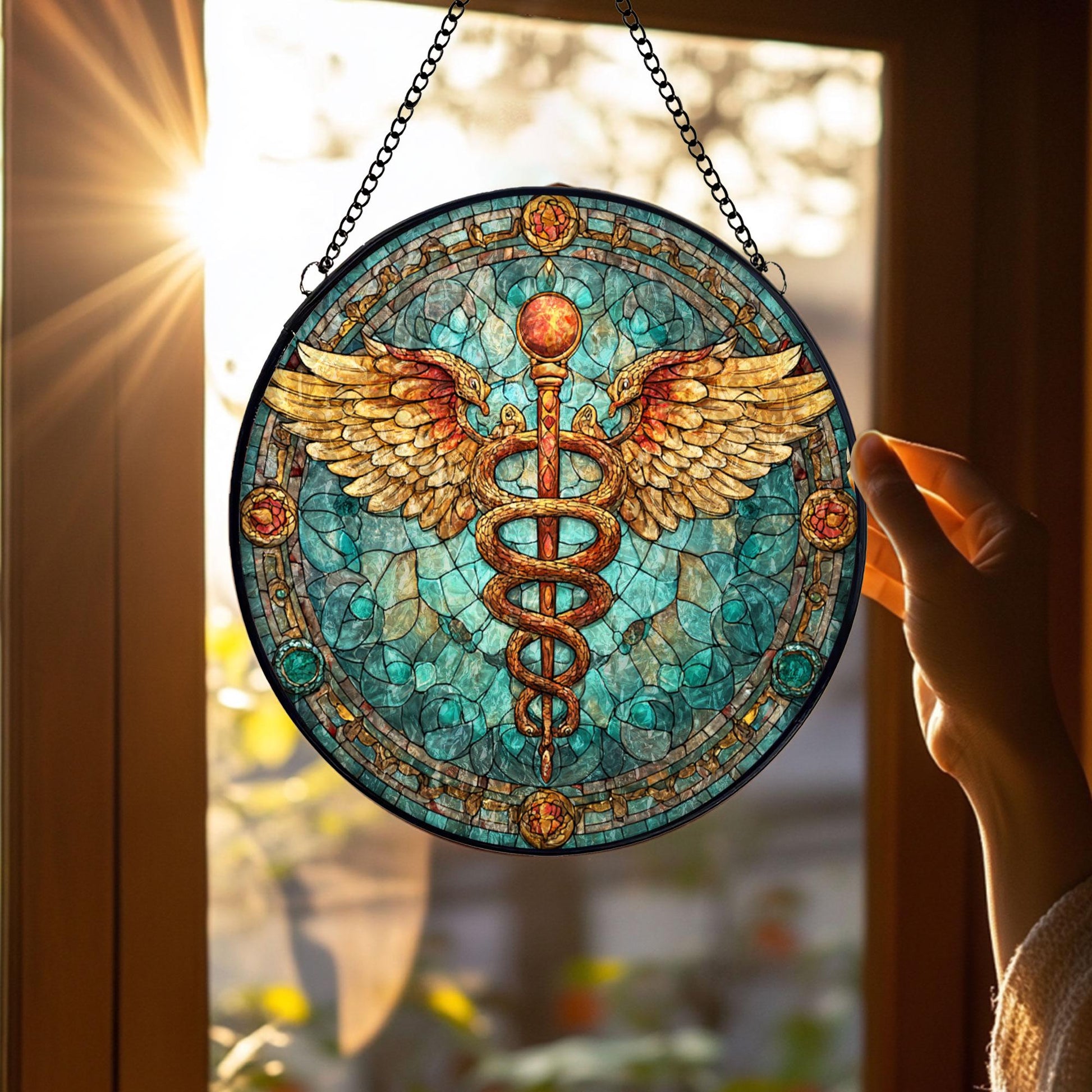 Caduceus Medical Stained Glass Suncatcher, Healing Symbol Window Hanging, Doctor Nurse Gift, Healthcare Art Decor, Pharmacy Symbol