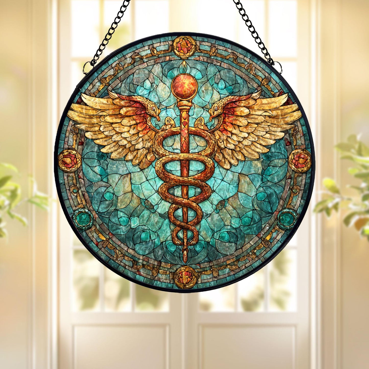 Caduceus Medical Stained Glass Suncatcher, Healing Symbol Window Hanging, Doctor Nurse Gift, Healthcare Art Decor, Pharmacy Symbol