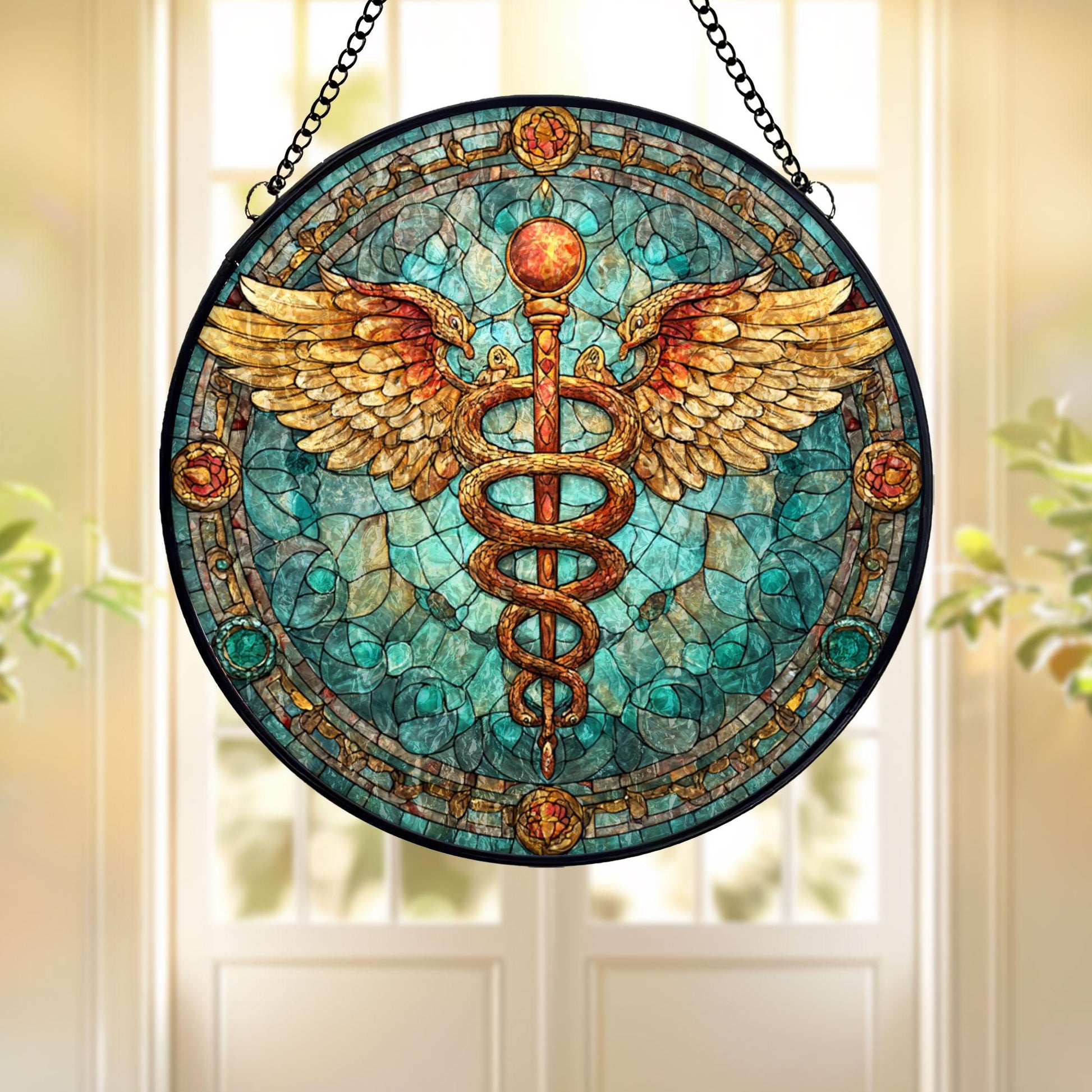 Caduceus Medical Stained Glass Suncatcher, Healing Symbol Window Hanging, Doctor Nurse Gift, Healthcare Art Decor, Pharmacy Symbol