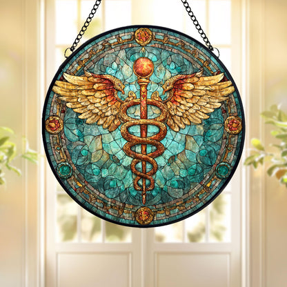 Caduceus Medical Stained Glass Suncatcher, Healing Symbol Window Hanging, Doctor Nurse Gift, Healthcare Art Decor, Pharmacy Symbol