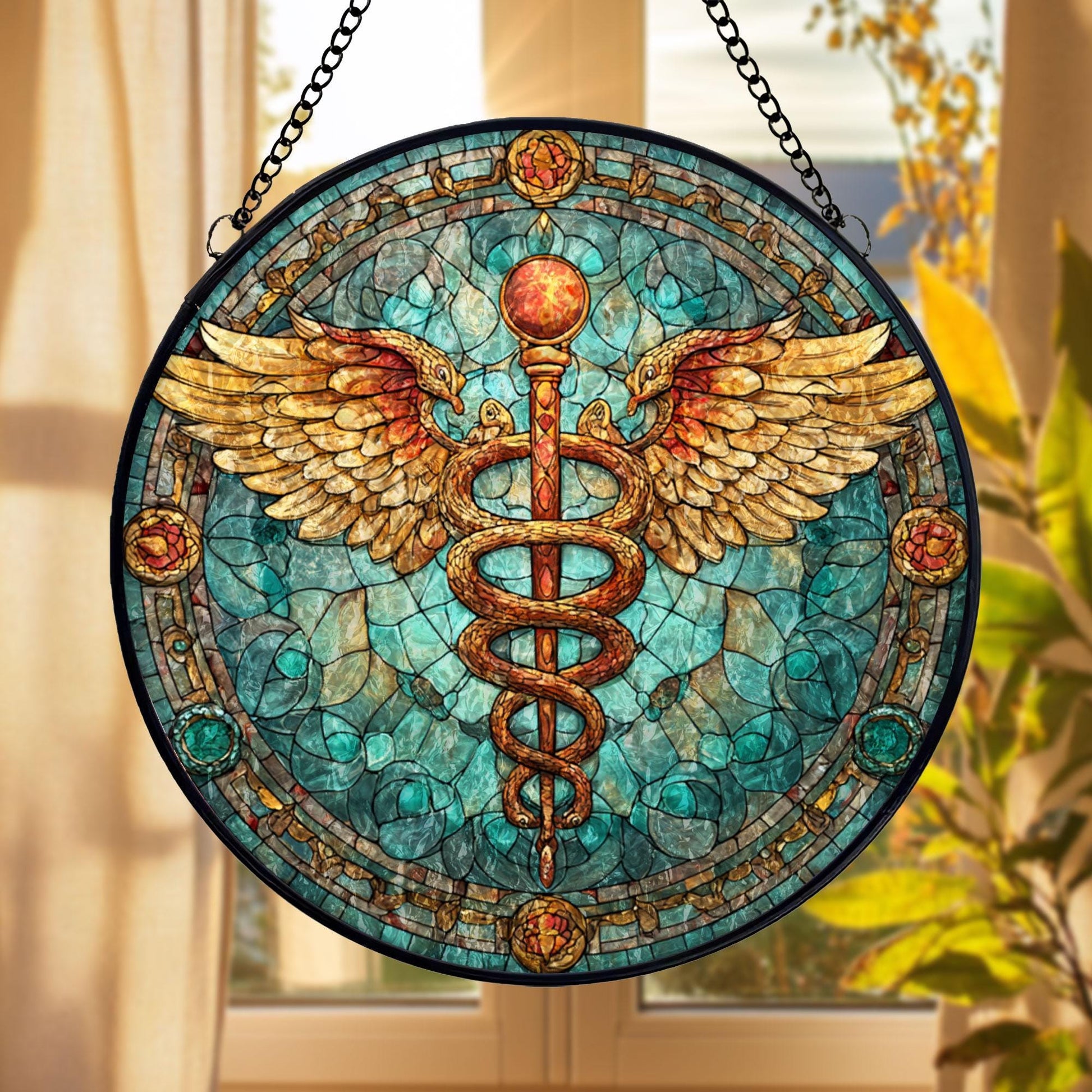 Caduceus Medical Stained Glass Suncatcher, Healing Symbol Window Hanging, Doctor Nurse Gift, Healthcare Art Decor, Pharmacy Symbol