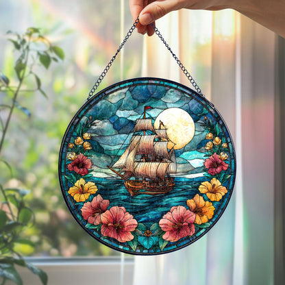 Sailing Ship Stained Glass Suncatcher, Moonlit Ocean Window Hanging, Nautical Floral Art Decor, Coastal Sun Catcher, Gift for Sea Lovers