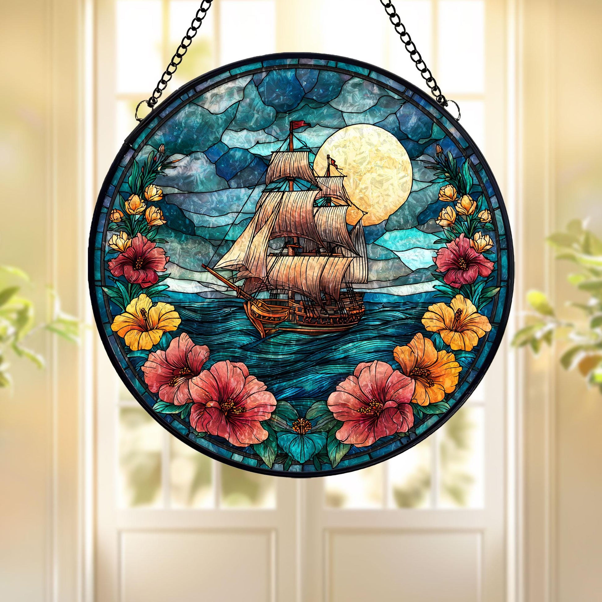 Sailing Ship Stained Glass Suncatcher, Moonlit Ocean Window Hanging, Nautical Floral Art Decor, Coastal Sun Catcher, Gift for Sea Lovers