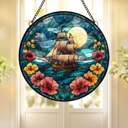 Sailing Ship Stained Glass Suncatcher, Moonlit Ocean Window Hanging, Nautical Floral Art Decor, Coastal Sun Catcher, Gift for Sea Lovers