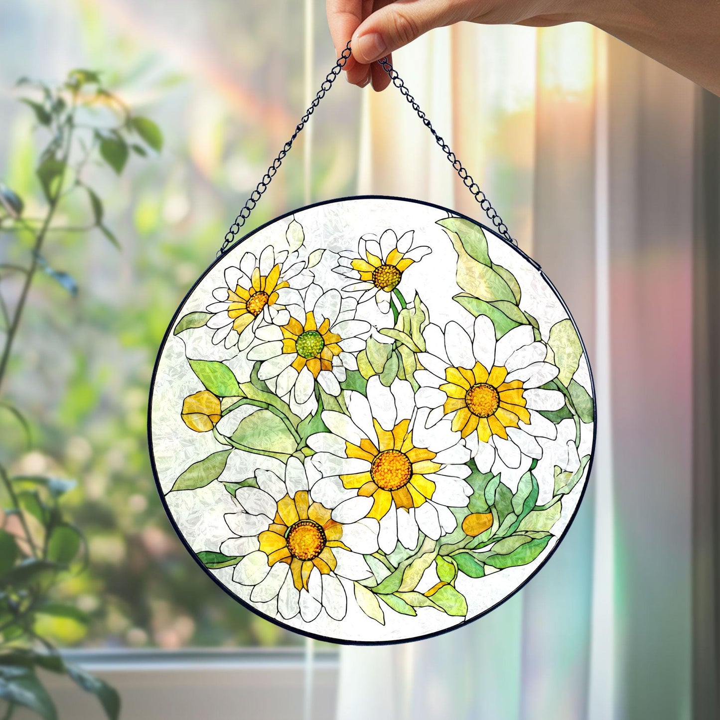 Daisy Flower Stained Glass Suncatcher, White Yellow Floral Window Hanging, Spring Nature Decor, Bright Sun Catcher, Gift for Flower Lovers