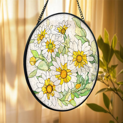 Daisy Flower Stained Glass Suncatcher, White Yellow Floral Window Hanging, Spring Nature Decor, Bright Sun Catcher, Gift for Flower Lovers