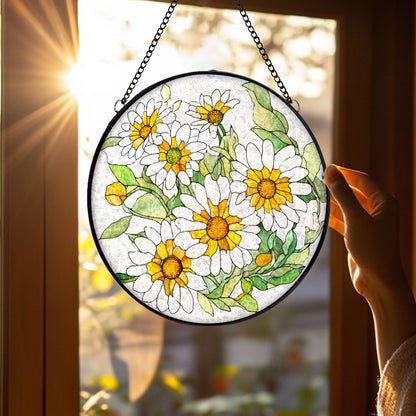 Daisy Flower Stained Glass Suncatcher, White Yellow Floral Window Hanging, Spring Nature Decor, Bright Sun Catcher, Gift for Flower Lovers