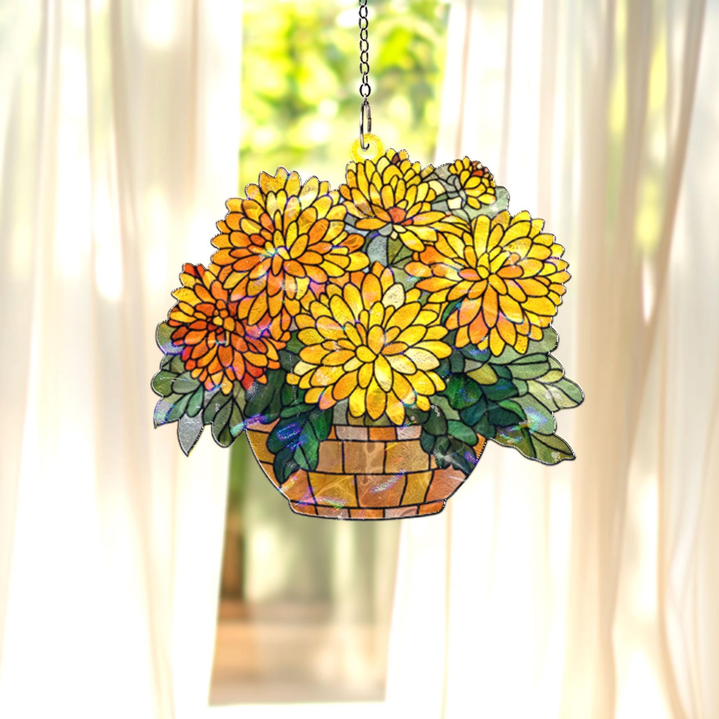 Yellow Chrysanthemum Acrylic Suncatcher, Floral Window Hanging, Stained Glass Style Flower Decor, Autumn Home Accent, Gift for Flower Lovers