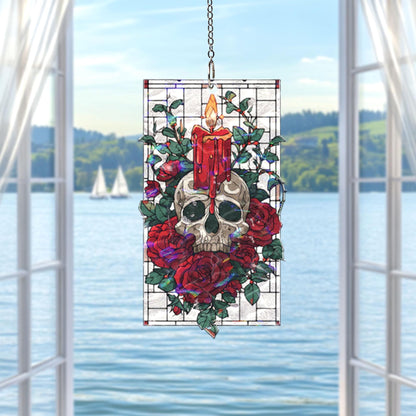 Gothic Skull Acrylic Suncatcher, Candle And Red Roses Window Hanging, Stained Glass Style Dark Art Decor, Unique Halloween Gift