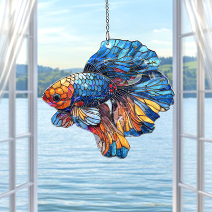 Betta Fish Acrylic Suncatcher, Colorful Siamese Fighting Fish Window Hanging, Stained Glass Style Aquatic Decor, Fish Lover Gift
