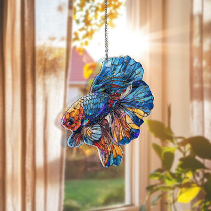 Betta Fish Acrylic Suncatcher, Colorful Siamese Fighting Fish Window Hanging, Stained Glass Style Aquatic Decor, Fish Lover Gift